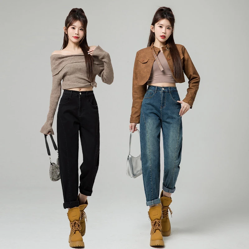 大码哈伦牛仔裤女高腰2025新款韩版直筒百搭宽松萝卜休闲老爹裤子