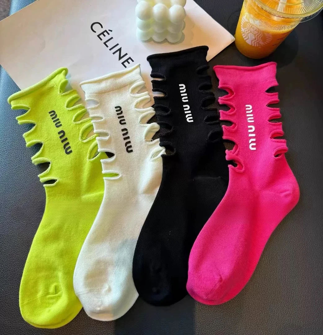 韩版袜子女夏季薄款洞洞袜多巴胺色字母烫印网红ins潮春秋中筒袜