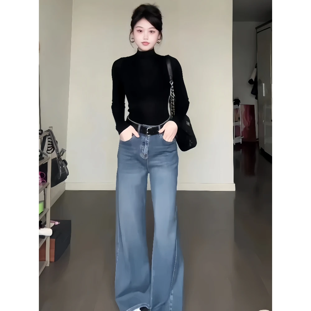 韩系穿搭一整套黑色打底衫针织上衣女秋冬高腰阔腿牛仔裤两件套装