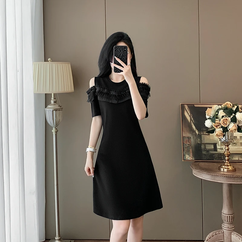 黑色露肩小个子连衣裙女夏修身时尚洋气显瘦小众设计感休闲活泼减