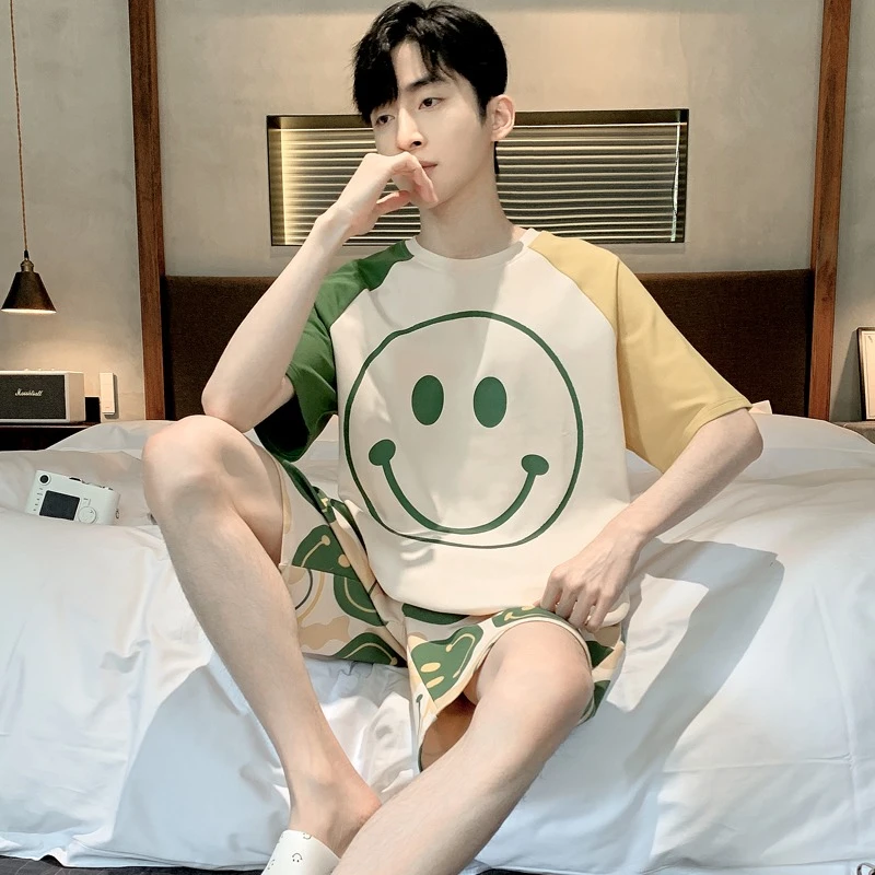 夏季短袖男士睡衣薄款休闲宽松加大码ins韩版圆领套头家居服套装