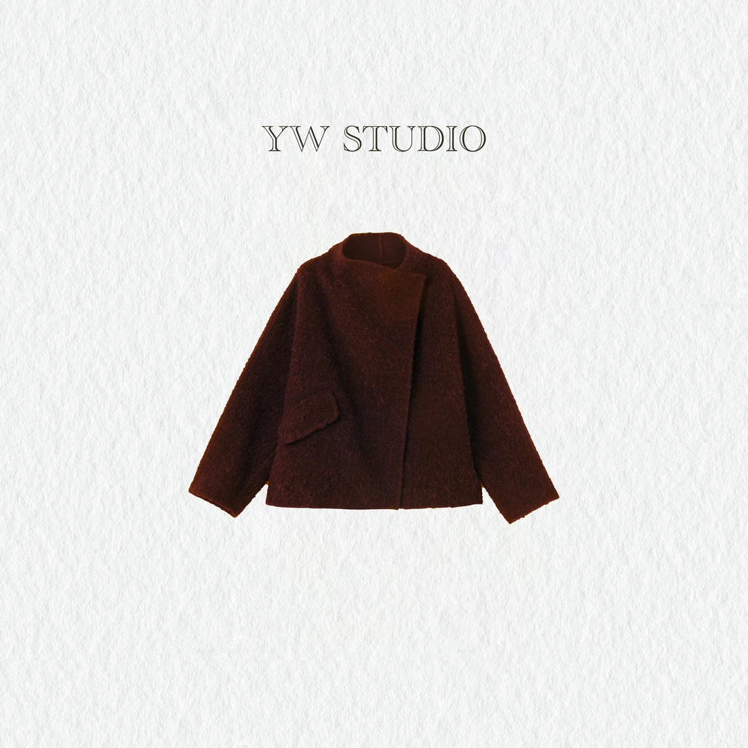 YW STUDIO"凛冬绯棕"羊驼毛绵羊毛短款冬季气质设计师大衣0801