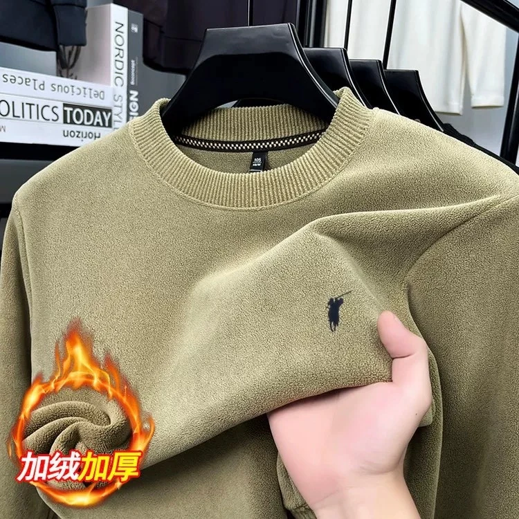 保罗男士冬季新款刺绣双面加厚奥粒绒圆领卫衣纯色套头T恤打底衫