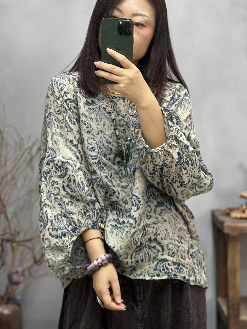 XJ 夏季新品青花复古文艺休闲百搭女士苎麻上衣 胸围132长65