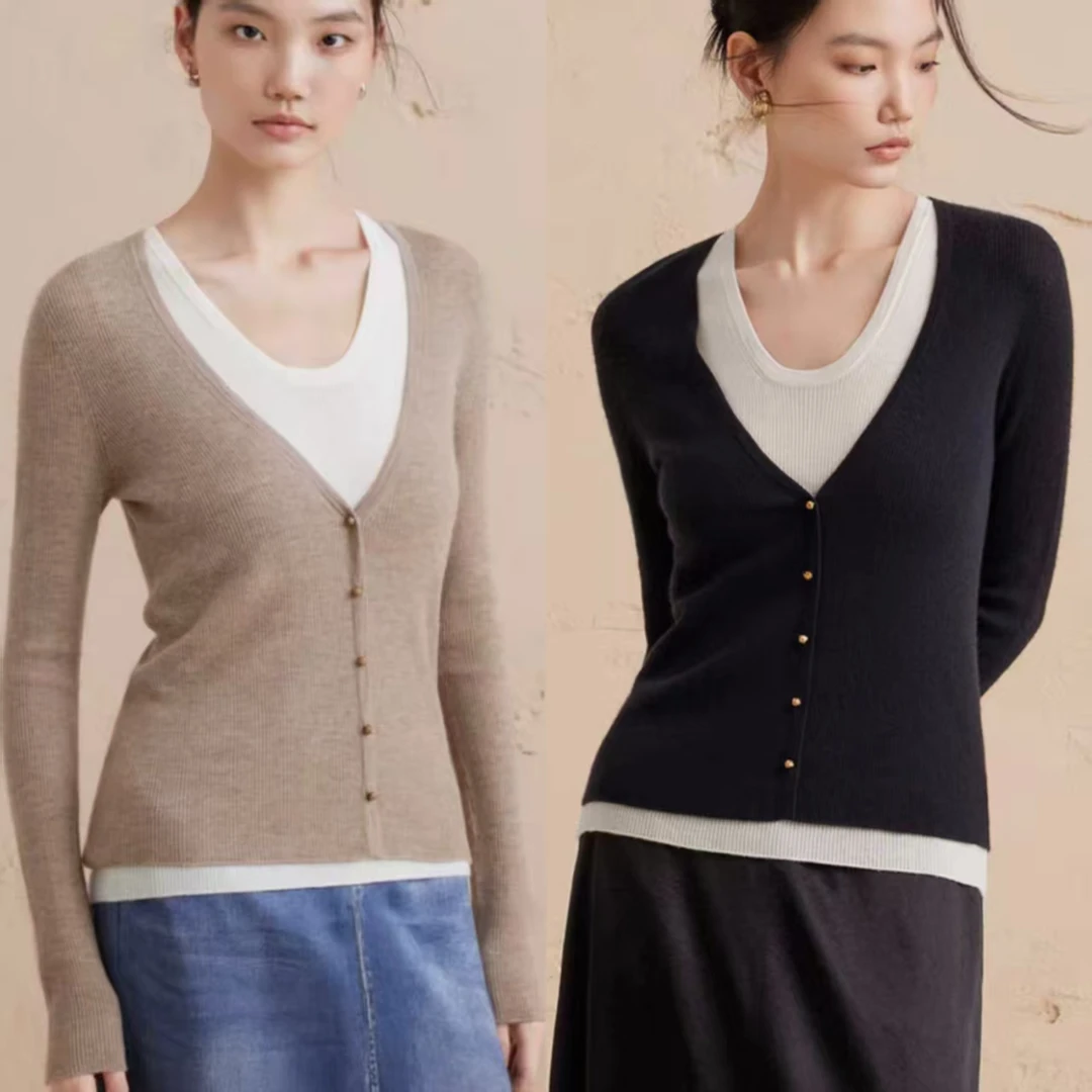 圆领假两件针织衫女羊毛罗纹肌理套衫