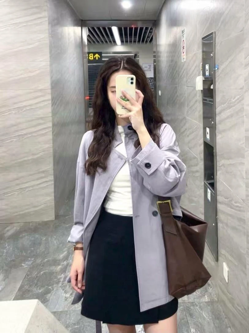 【紫芋】秋冬时尚浅紫色中长款风衣外套显瘦气质白色打底黑色半身裙