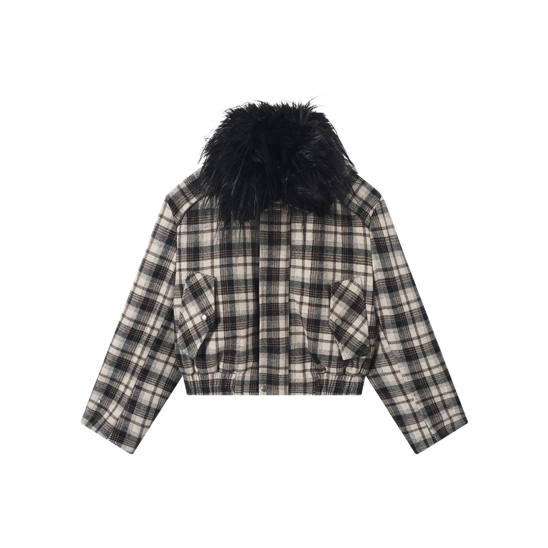 IAMCPLUS 2025AW 黑色毛领羊毛呢格子羽绒