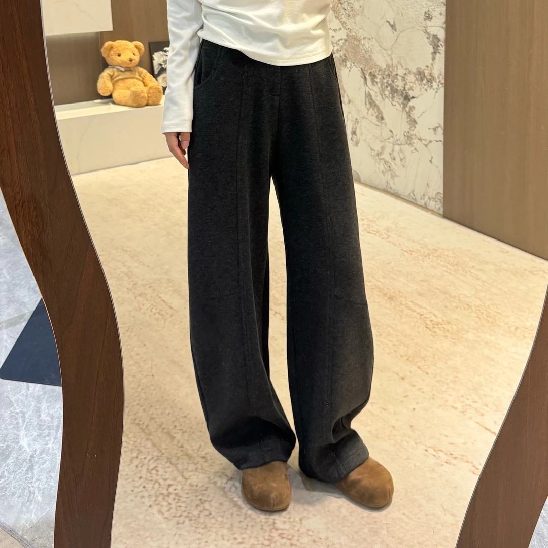 宿慕SUMU韩系服饰加绒弯刀裤女2025秋冬穿搭显瘦休闲阔腿裤25356