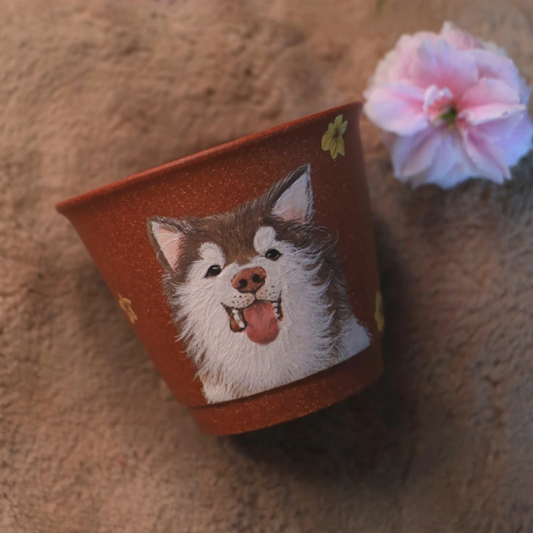 紫砂手工泥绘降坡泥小狗狗阿拉斯加可爱喝茶泡茶150cc