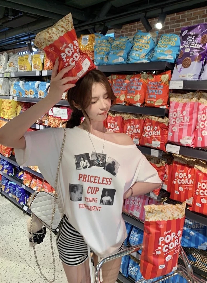 夏季露肩上衣印花时尚斜肩上衣性感辣妹夏装T恤女百搭吸汗韩版