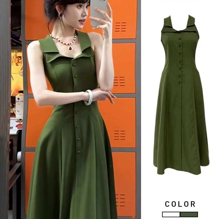 绿色挂脖吊带连衣裙子女夏季2025新款收腰气质背心长裙