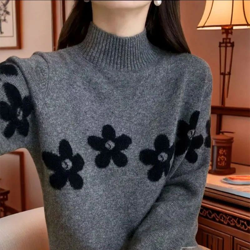 319#【山茶花--高级灰】半高领秋冬加厚新款针织上衣女减龄洋气百搭