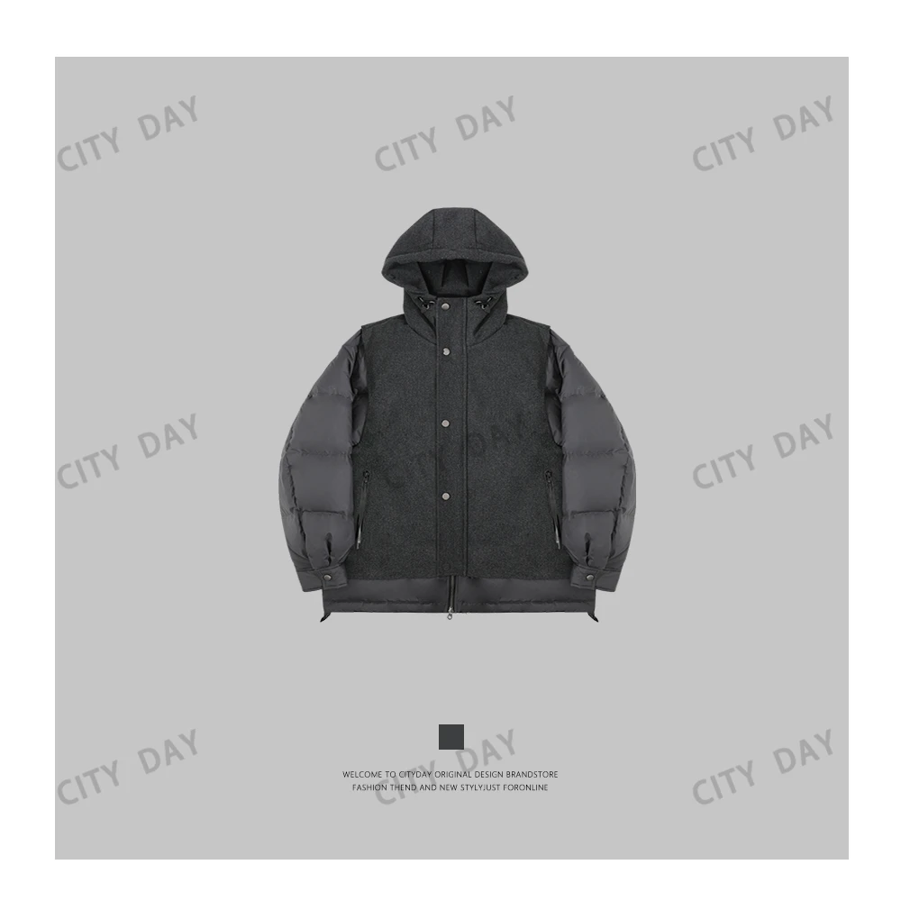 CityDay【潮灰私订】cleanfit 复古假两件连帽羽绒服 7870