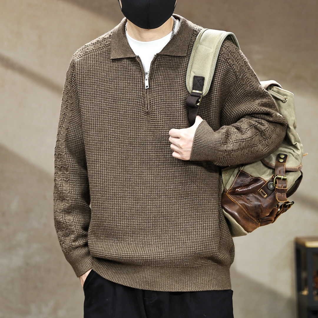 高端美式POLO领重磅800g半拉链毛衣男秋冬加厚保暖复古休闲针织衫