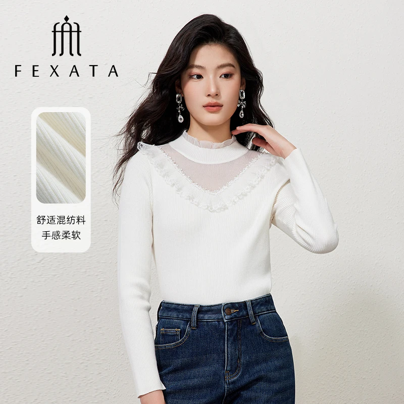 【诗语专属】FEXATA斐格思花边蕾丝荷叶白色针织衫女