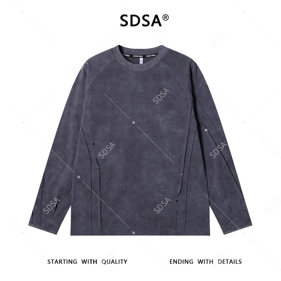 SDSA男士秋冬新款痞帅男装潮牌扎染褶皱铆钉圆领长袖T恤休闲时尚