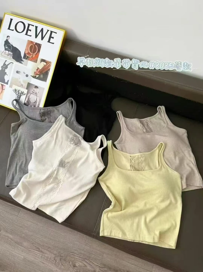 8085#蕾丝雕花透气舒适带固定胸垫吊带背心80-135斤