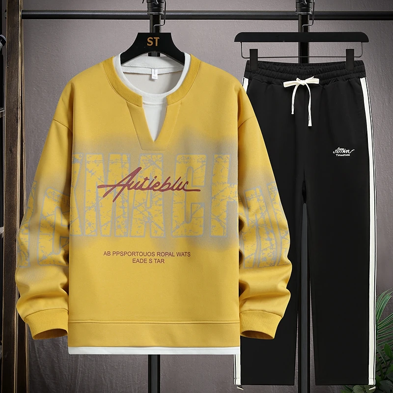 青少年假两件卫衣套装男孩春秋季圆领长袖T恤学生潮牌打底上衣服