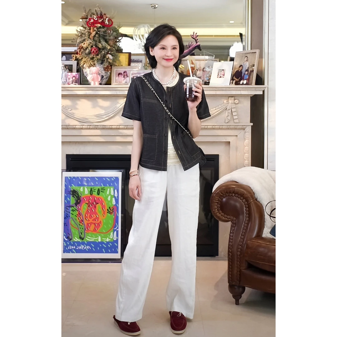 我是摩羯南洋小香 100桑蚕丝龟裂纹香云纱复圆领短袖春夏上衣