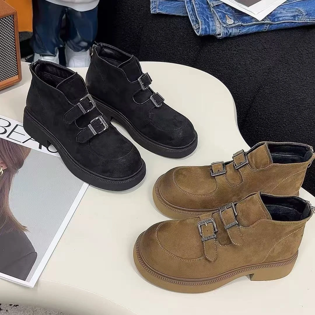 秋冬新款韩版通勤瘦瘦简约粗跟裸靴短靴186-8215(不加绒)