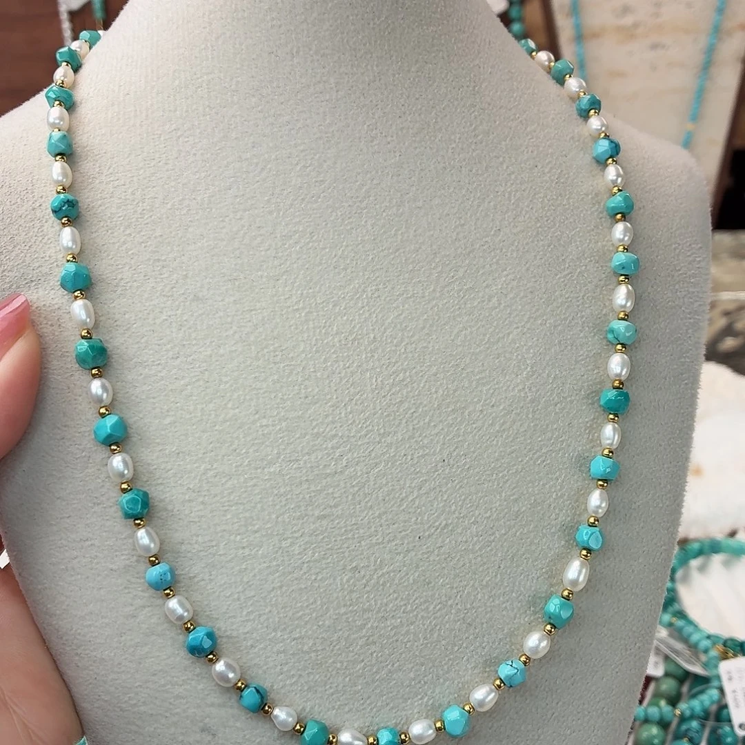 绿松石银S925镀金镶嵌项链