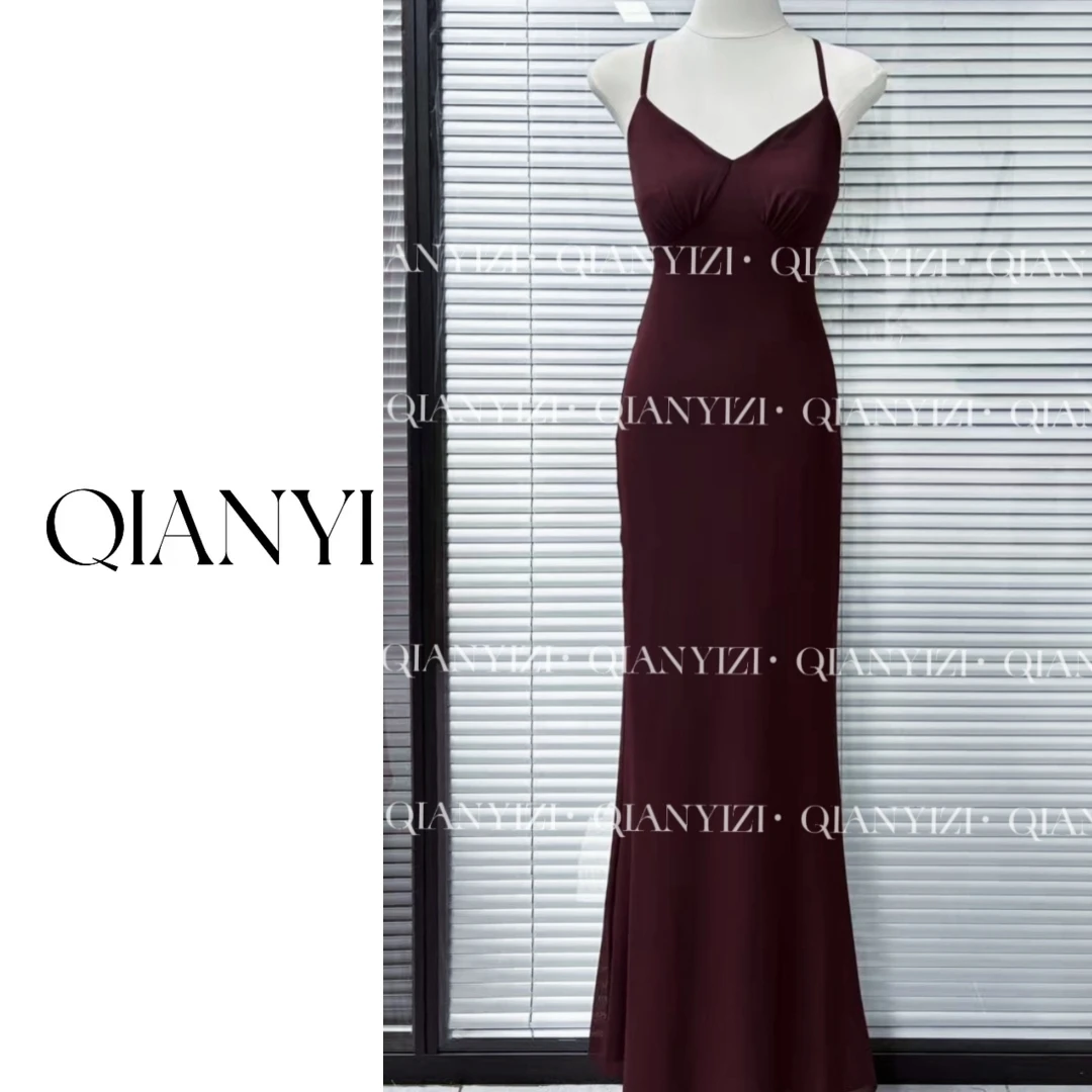 千亿【红褐】原创长款绑带收腰显瘦吊带连衣裙