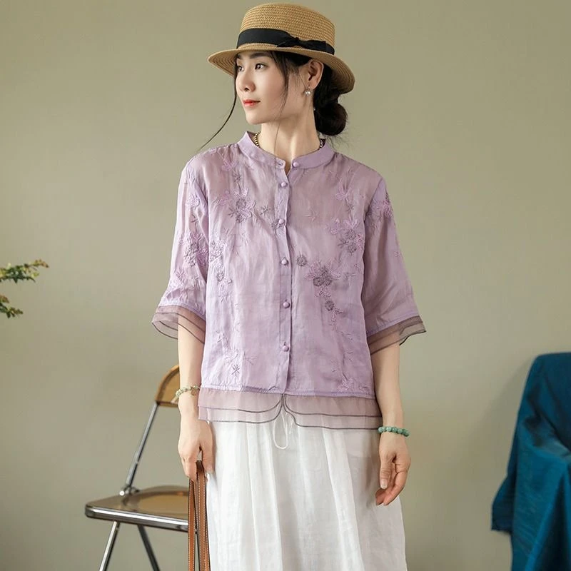 2024夏季复古宽松文艺立领绣花女装衬衫2025夏季文艺复古中式2025