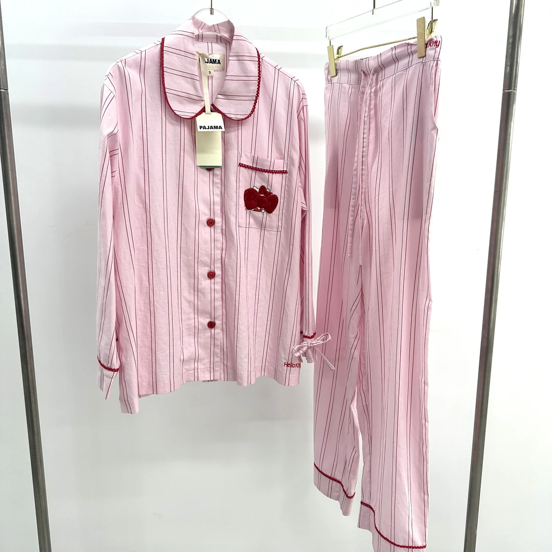 【长袖长裤睡衣套装】 kittyhello粉色条纹娃娃领睡衣套装
