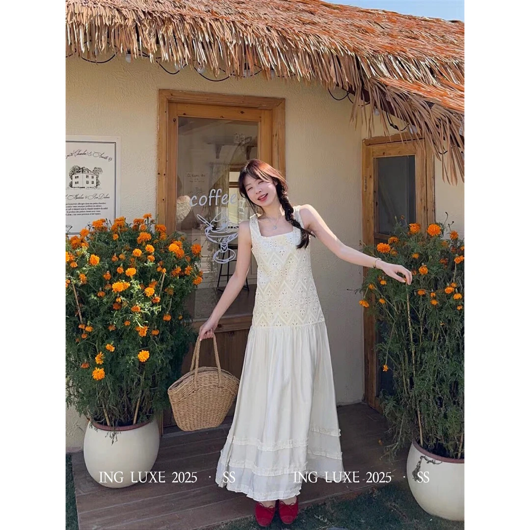 肉肉推荐 【薄雾奶茶】夏季韩版温柔显瘦重工提花设计背心连衣裙女