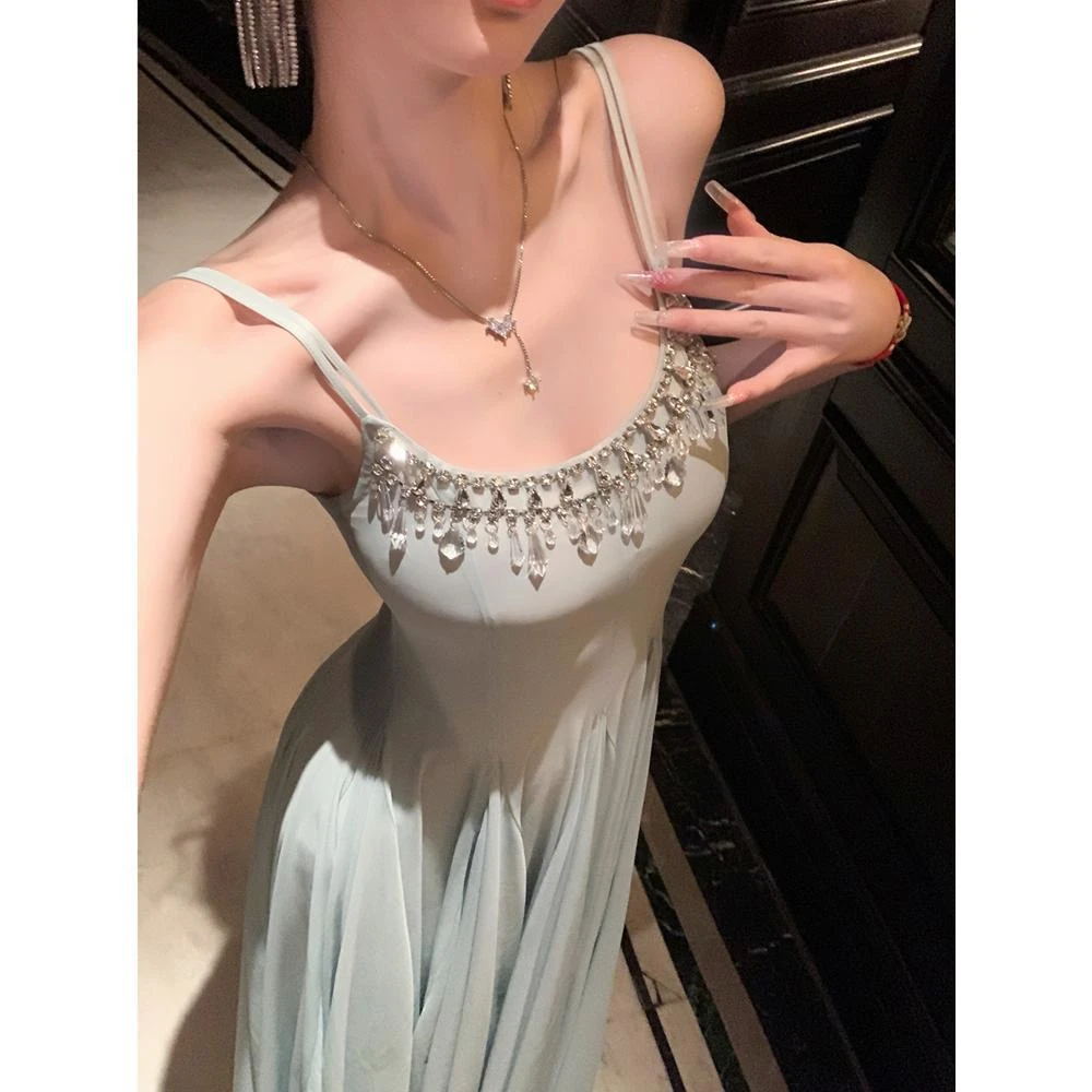 夏季大女主修身超仙儿水晶钻链网纱大摆吊带优雅少女长款连衣裙子