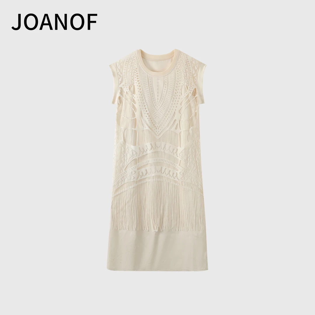 JOANOF高腰时尚圆领纯色流苏拼接优雅夏季短袖女装连衣裙-【XL597】