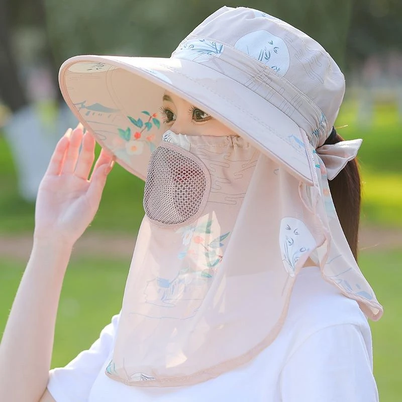 FAVMARTHA下地干活遮阳帽女士采茶帽防晒面罩帽子一体护颈防紫外