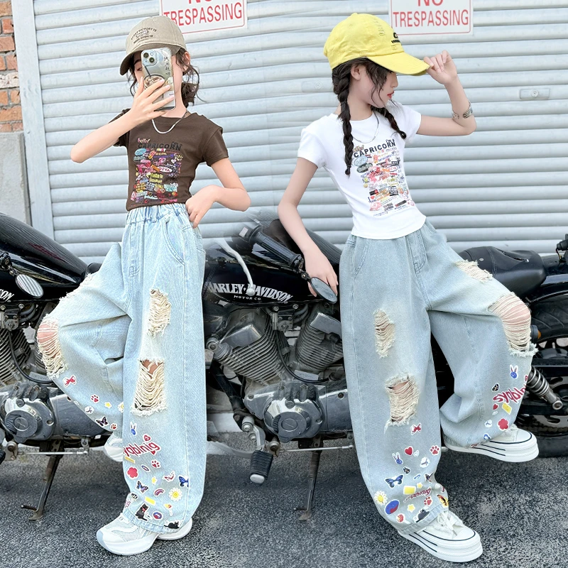 女童夏季破洞牛仔裤套装2025新款时尚女孩洋气印花长裤潮流两件套