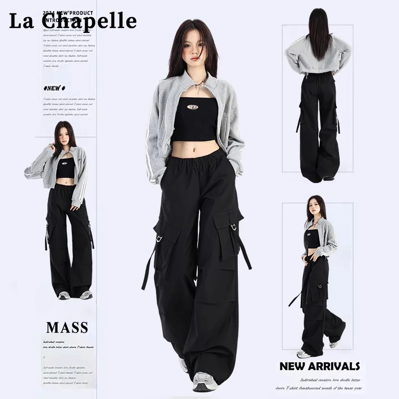 拉夏贝尔美式高街黑色松紧腰阔腿工装裤女新款直筒宽松休闲裤子潮