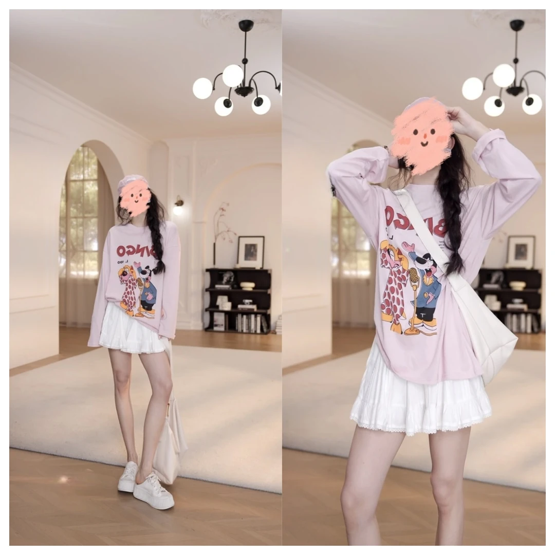 2025夏季新款百搭卡通印花T恤减龄套装防晒长袖花边短裙两件套