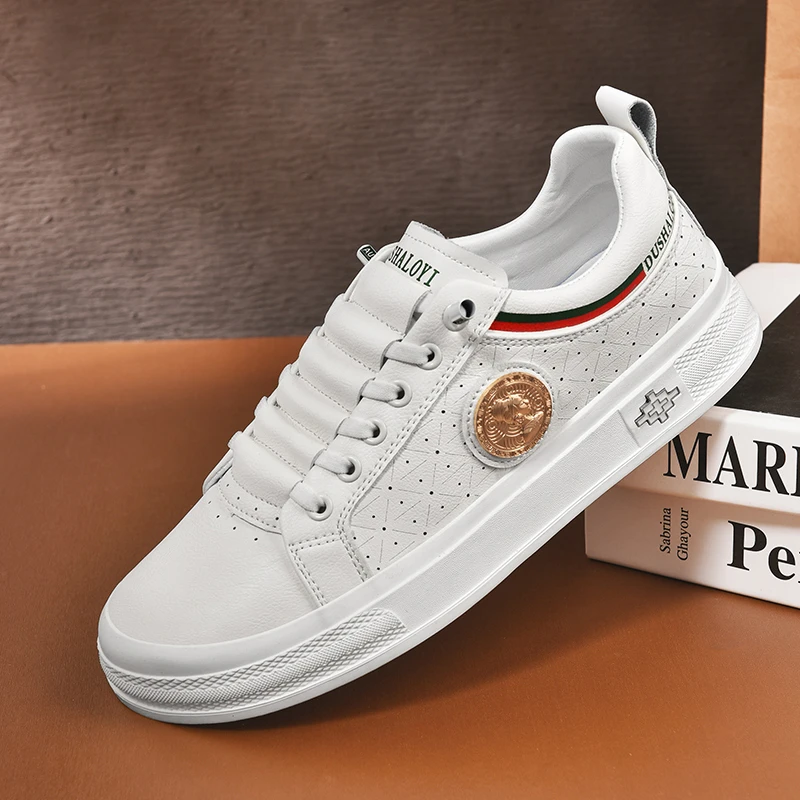 DUSHALOYI 真皮时尚轻奢百搭休闲板鞋耐磨透气春季板鞋（9222）白色