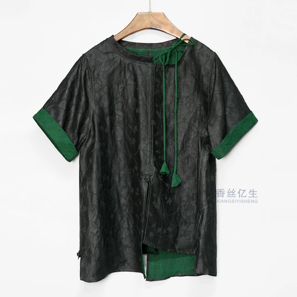 风吟花间！香云纱新款缎龟百搭时尚圆领上衣夏季女士短袖衬衫X3165