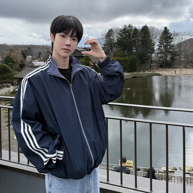 高林凡 韩版简约撞色条纹款运动外套正反两面穿宽松百搭休闲夹克