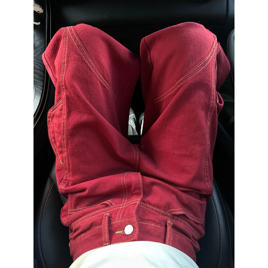 红色直筒工装七分牛仔中裤女夏季新款复古宽松设计感阔腿八分裤潮