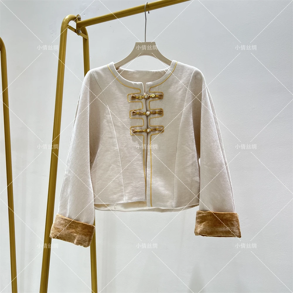 【卿馨心】复古时尚撞色新中式气质圆领短款上衣秋季新款绒面外套女