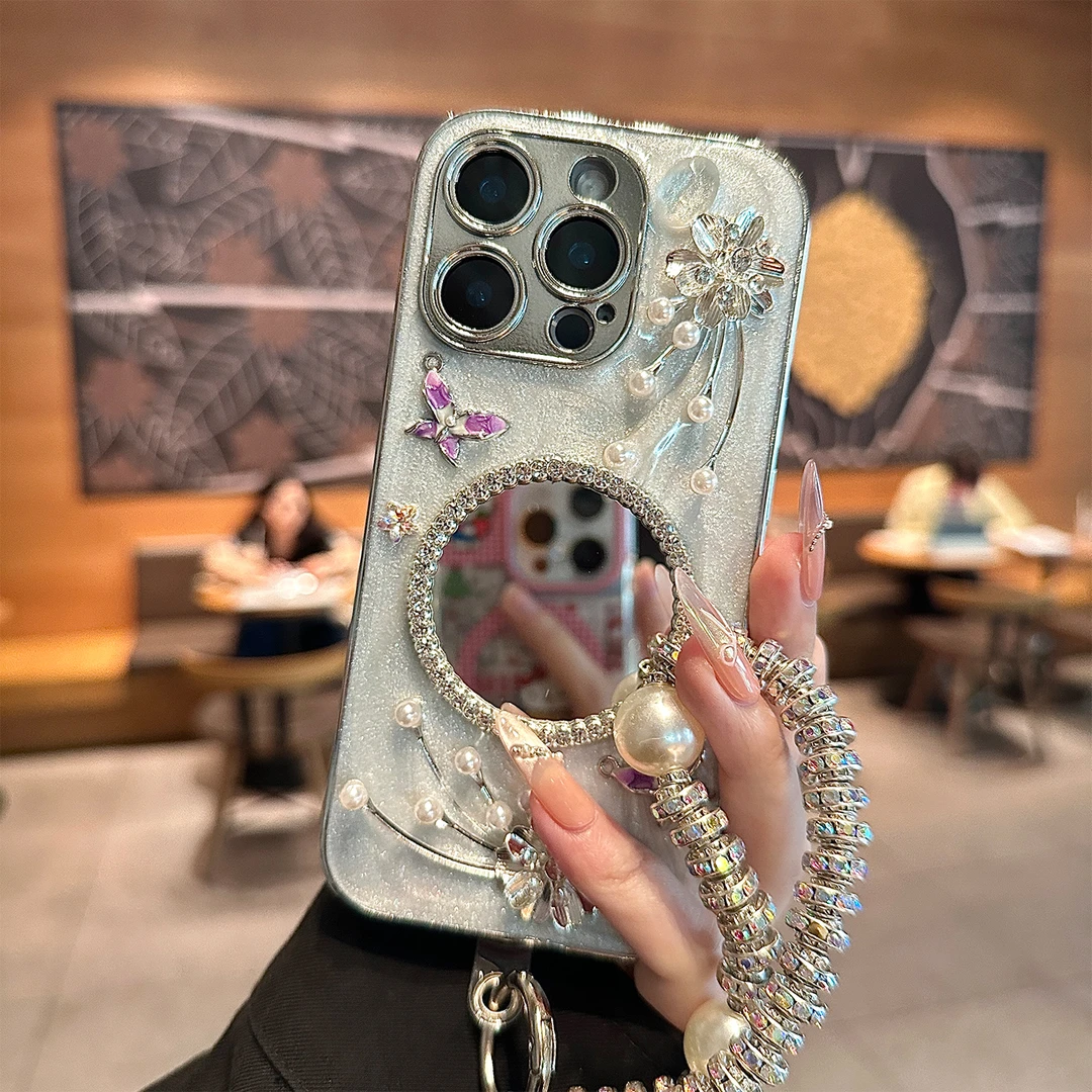 滴胶珍珠补妆镜适用苹果16promax手机壳挂绳iPhone15防摔14女1312