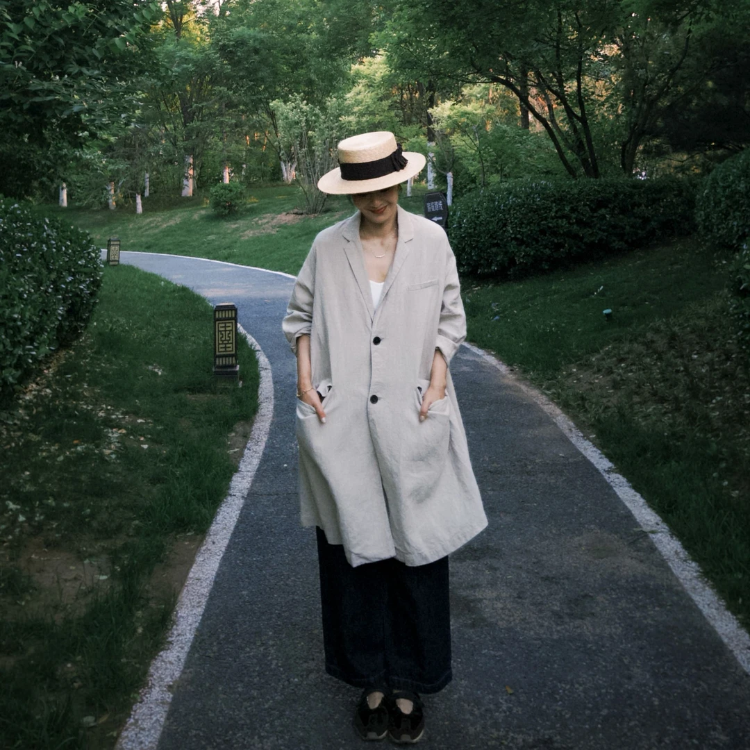 ikigai 100% 亚麻西服领中长款阔版通勤风衣