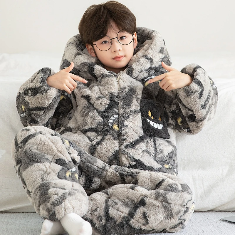 2025新款儿童睡衣冬季法兰绒加厚三层夹棉男童家居服外穿珊瑚绒冬