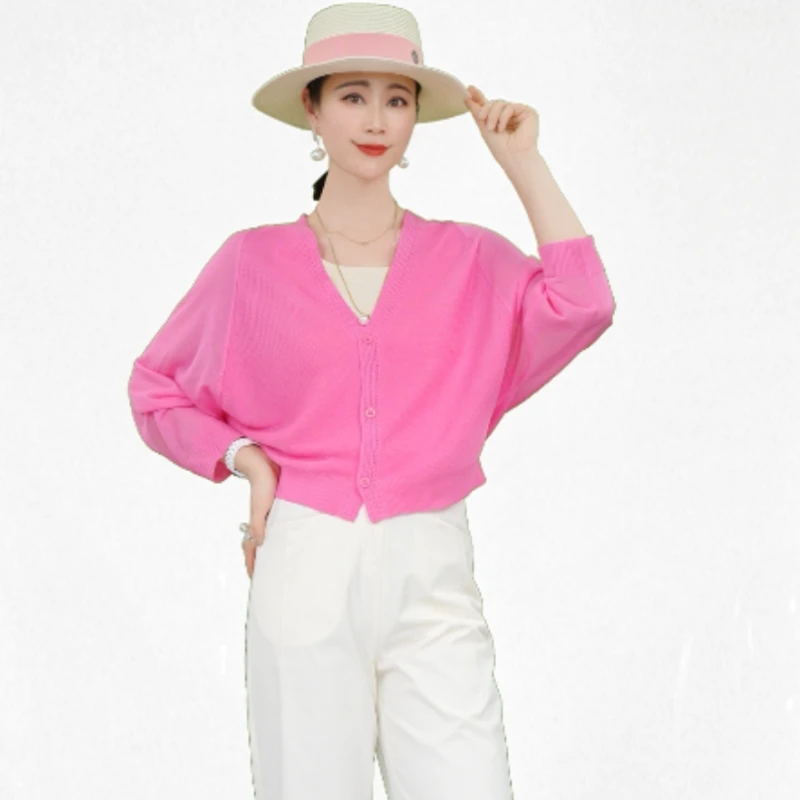 夏季新款蝙蝠袖通勤简约室外防晒防凉空调衫针织