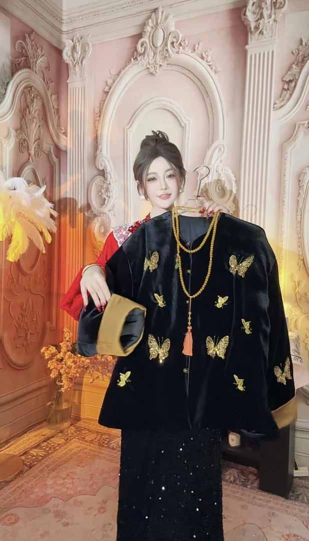 【崔】W0302蝴蝶圆领刺绣棉服中式民族风中国风唐装女装秋冬