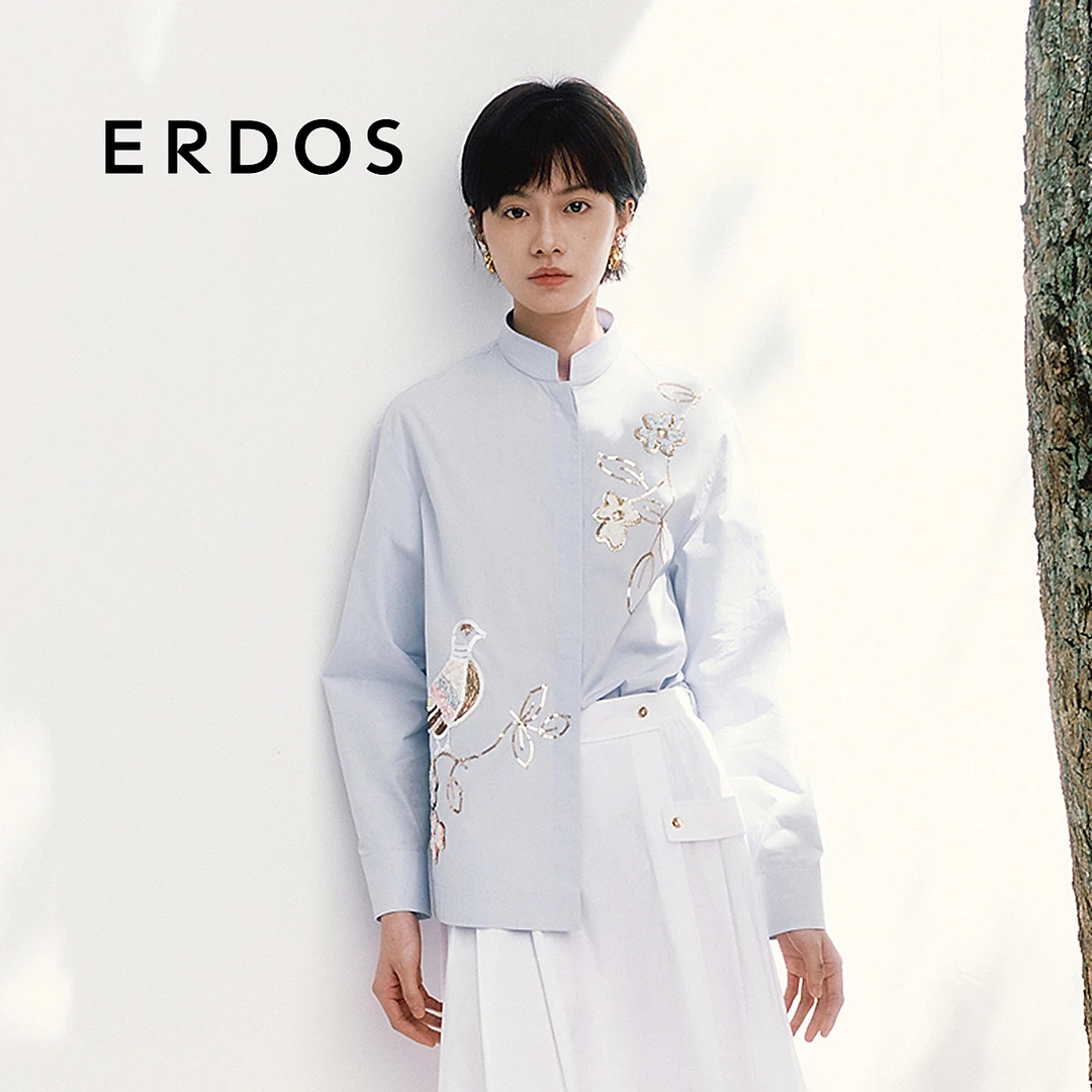 【商场同款新品】 ERDOS 新中式小立领花鸟图案定位亮片绣花衬衫