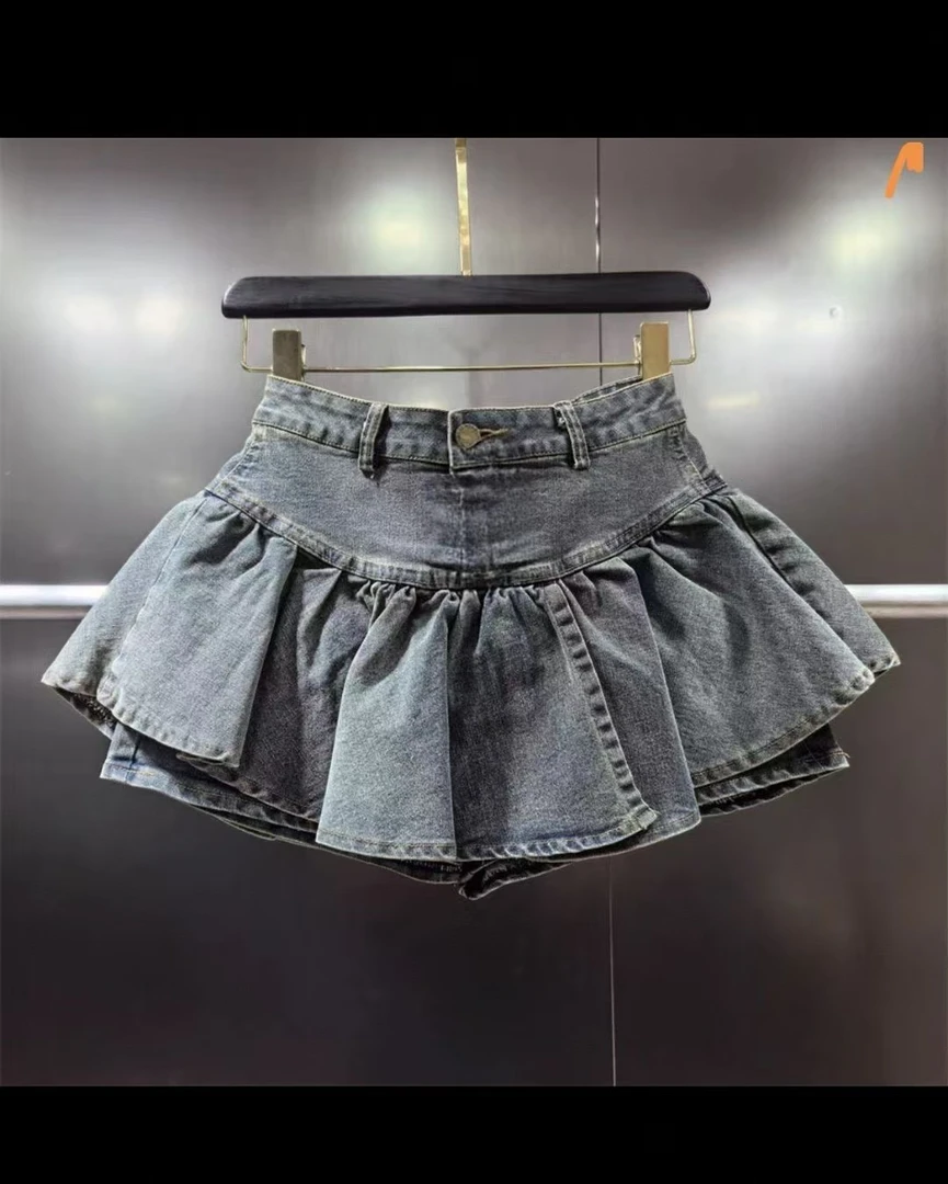 奶瓶家大码牛仔裙女新款百搭辣妹高腰半身裙荷叶边蛋糕裙短裤裙子