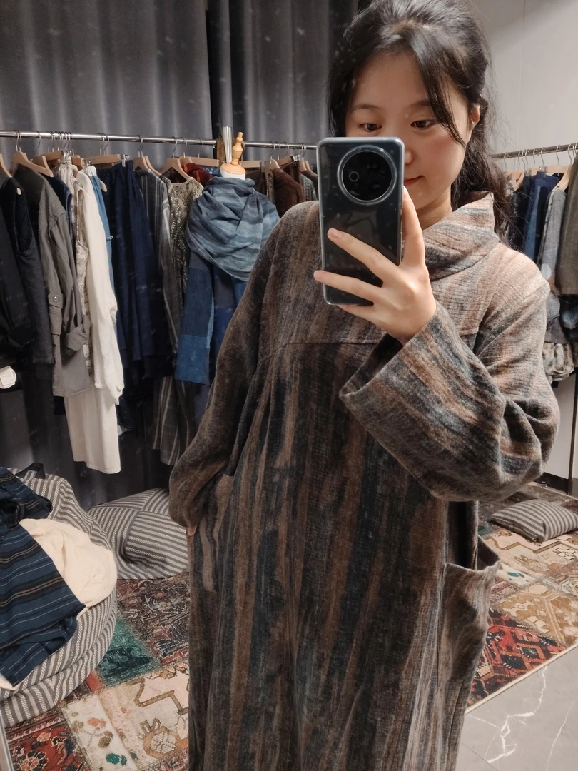 （no退换）手工秋冬竖条纹高领复古女装连衣裙