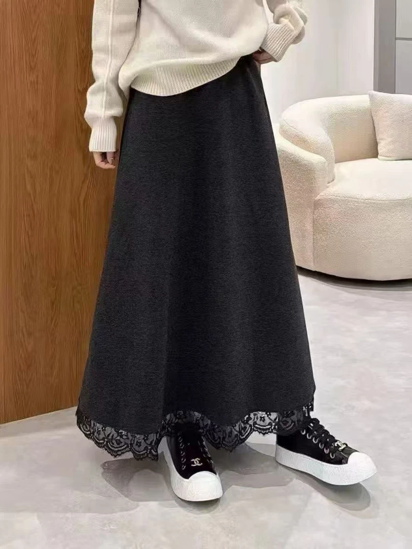 2016冬季加绒加厚毛呢半身裙蕾丝花边高腰显瘦中长款伞裙百搭半裙