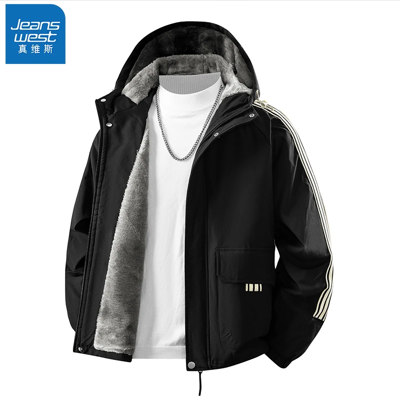Jeanswest/真维斯秋冬新款加绒大码连帽夹克男加绒保暖冲锋衣外套